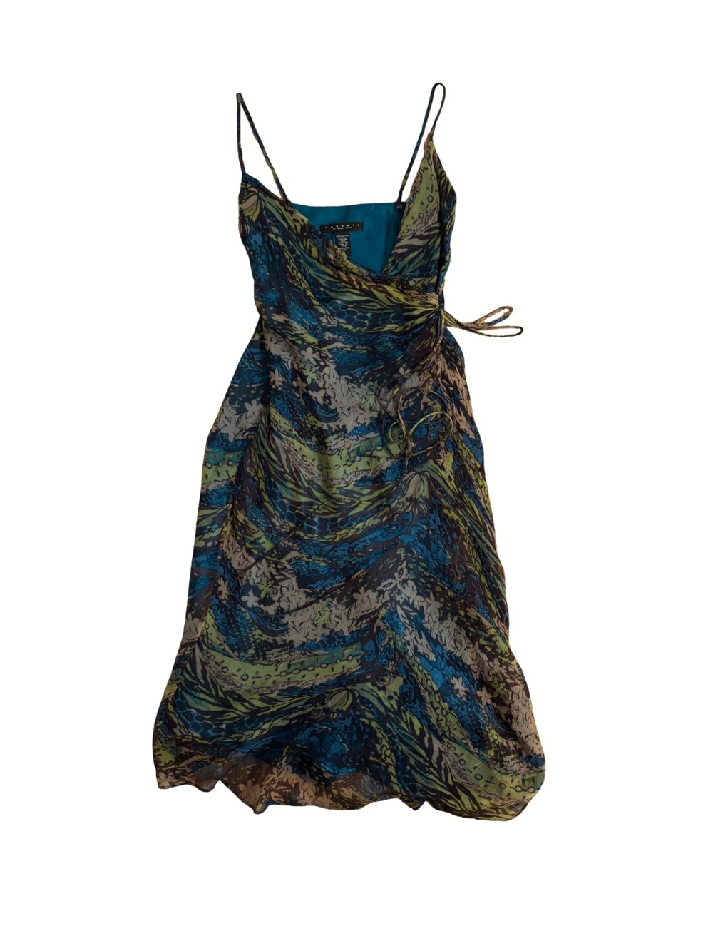 2000’s Laundry By Shelli Segal Teal and Green Spaghetti-Strap Wrap Dress